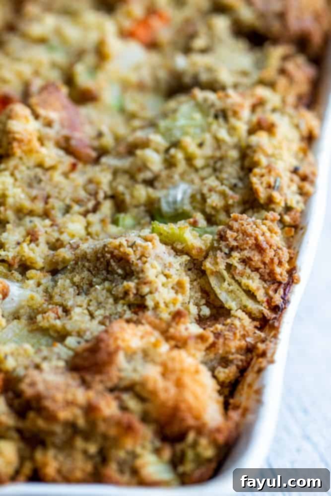 Grandma's Classic Southern Cornbread Dressing 3 Close up shot of Southern cornbread dressing in a white baking dish, showing its moist and chunky texture.