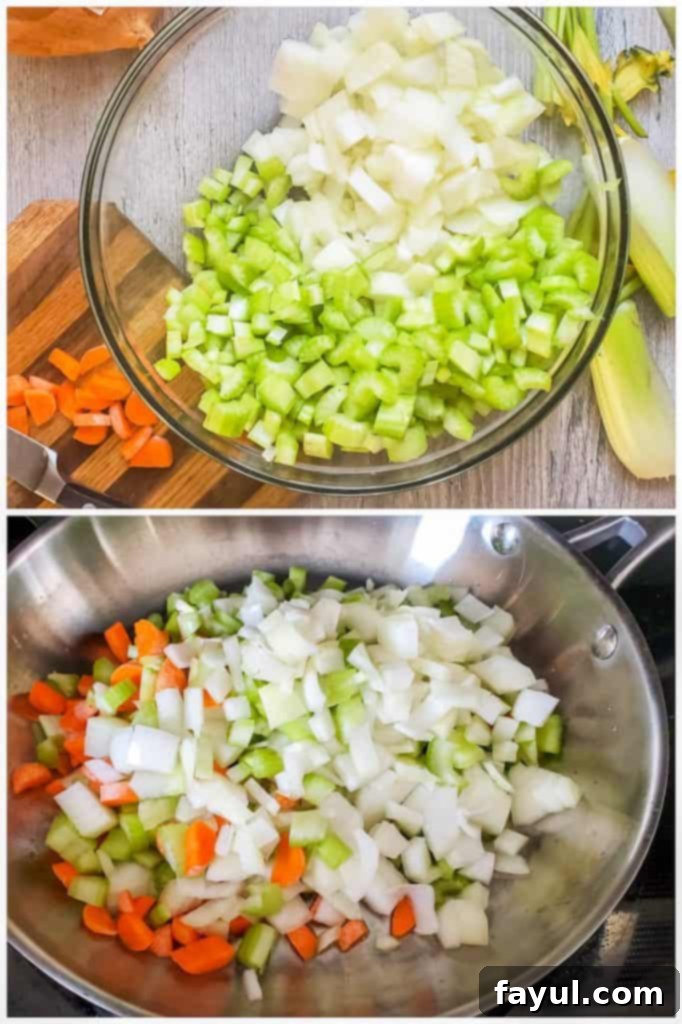 Grandma's Classic Southern Cornbread Dressing 4 Preparation image showing vegetables being chopped and then cooked in a skillet.
