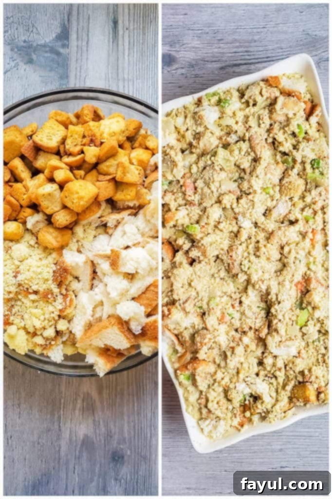Grandma's Classic Southern Cornbread Dressing 5 Preparation image showing ingredients in a glass bowl then transferred to a white baking dish for cooking.