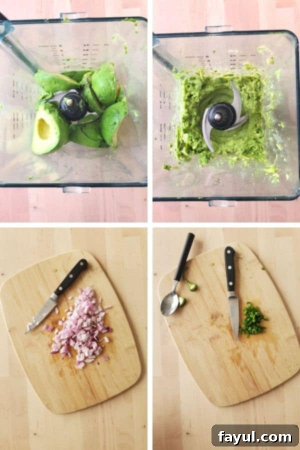 Four images showing diced red onion, sliced jalapeno, avocado halves, and scooped avocado flesh as ingredients are prepped for guacamole.