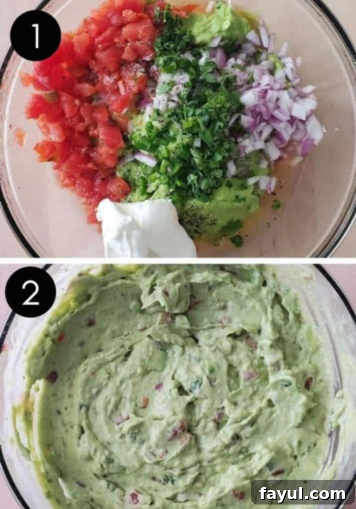 Two preparation images showing guacamole being combined in a clear glass bowl, illustrating the blending of ingredients.