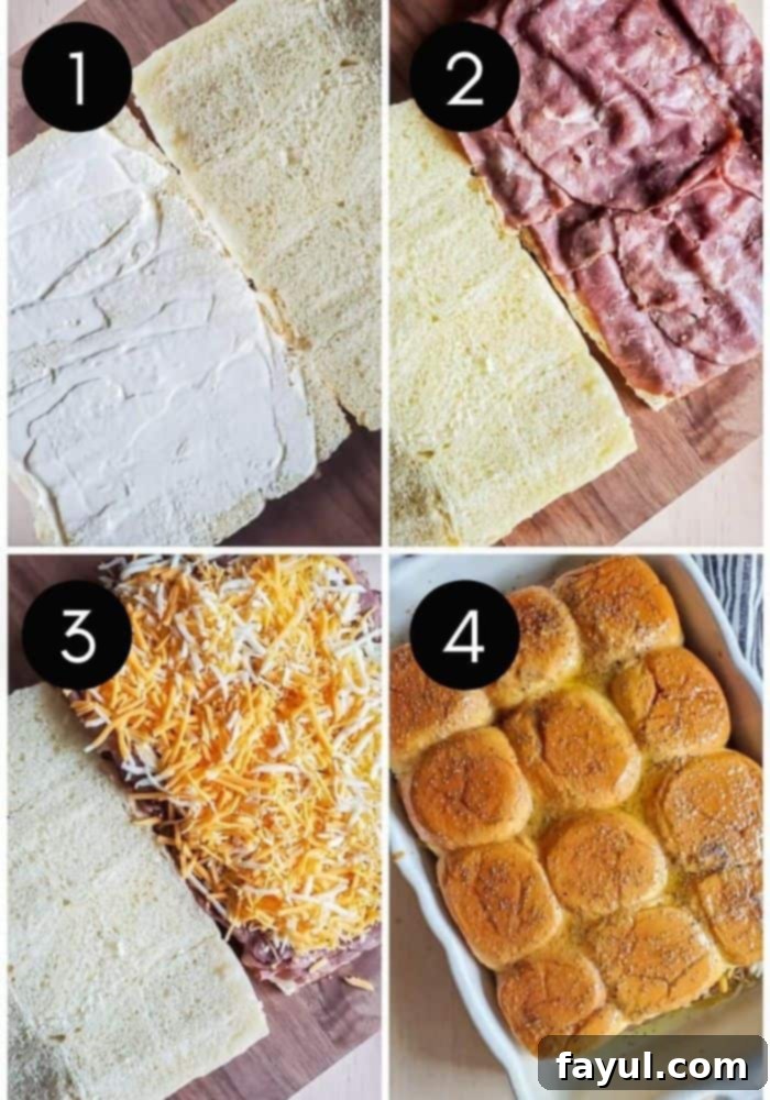 Effortless Baked Roast Beef Sliders 4 Four prep images of sliders being filled with black and white numbers for steps.