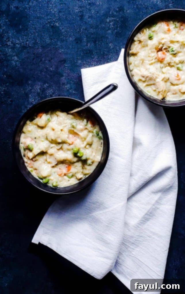 Hearty Slow Cooker Chicken and Dumplings with Fluffy Biscuits 2 Overhead shot of two black bowls of chicken and dumplings on a blue counter.