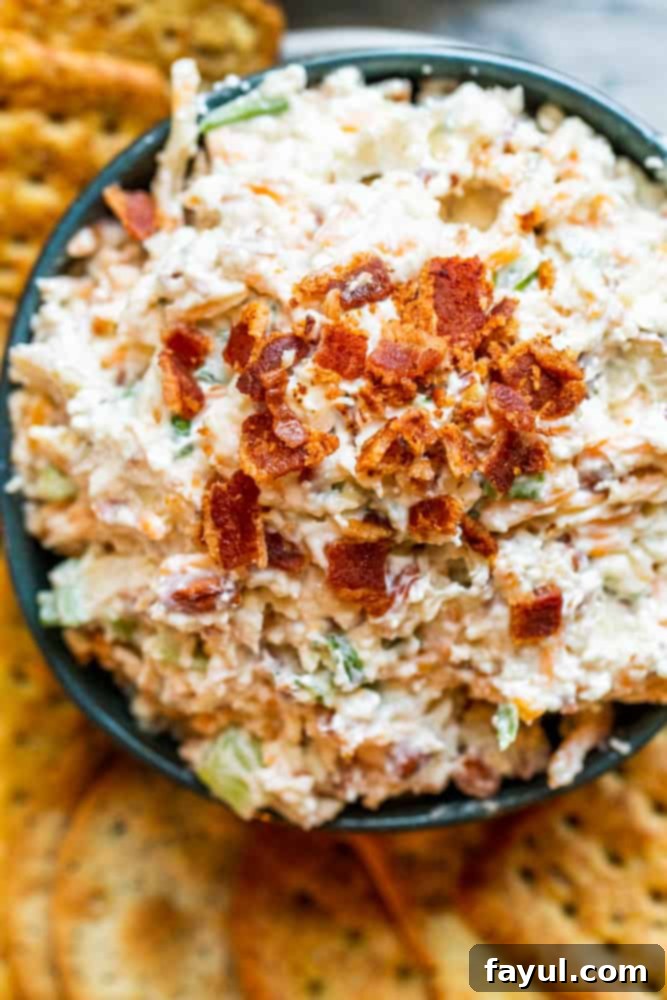 Overhead shot of creamy Million Dollar Dip in a elegant blue bowl, with an assortment of crisp crackers neatly arranged on the side.