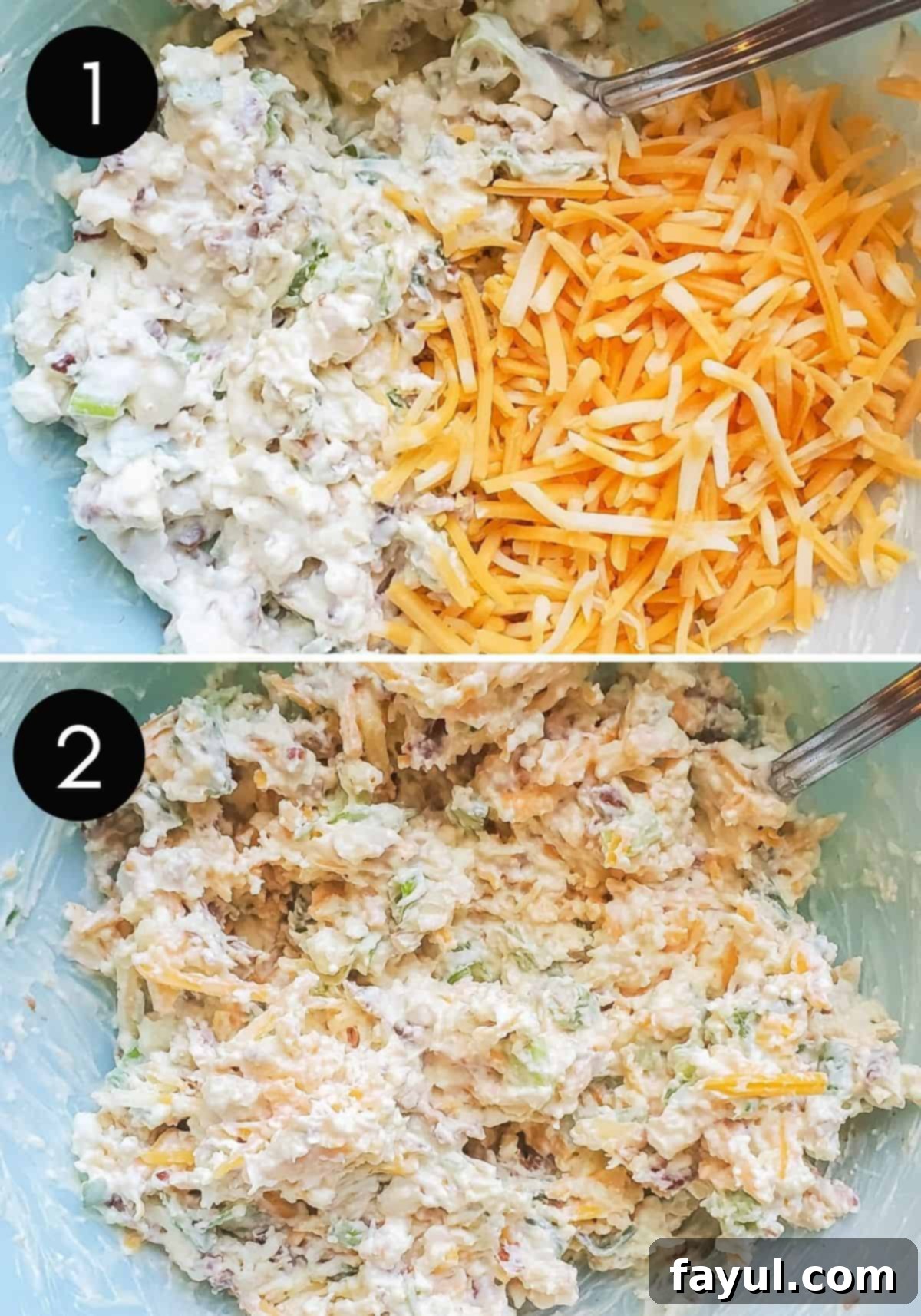 Two preparation images side-by-side. The first shows ingredients like bacon and green onions being prepped, and the second shows all ingredients being combined in a large bowl to form the Million Dollar Dip.