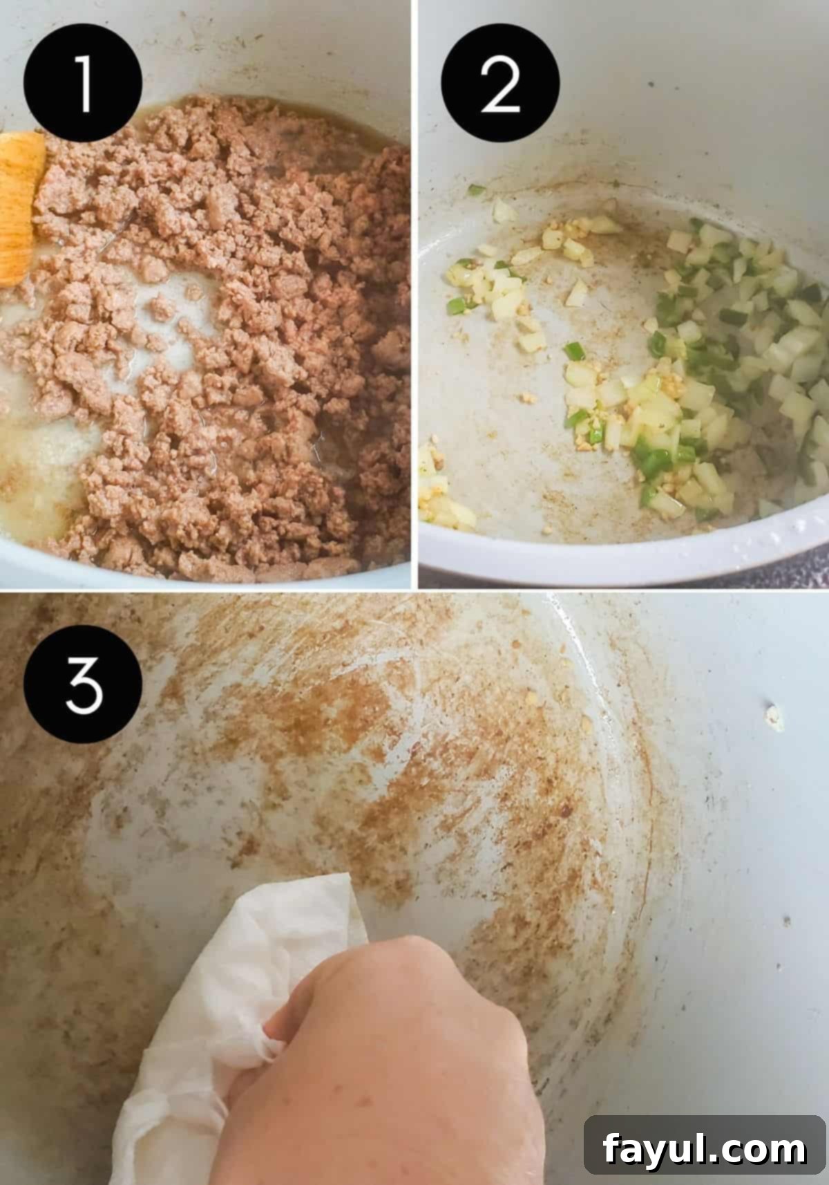 Three prep images of meat and veggies being cooked.