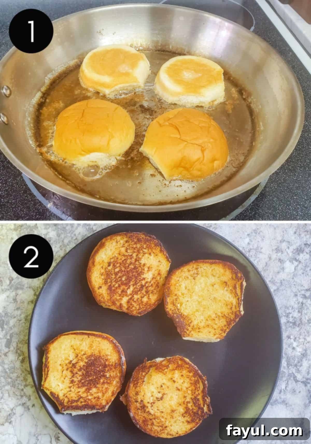 Two prep images of buns being toasted in pan.