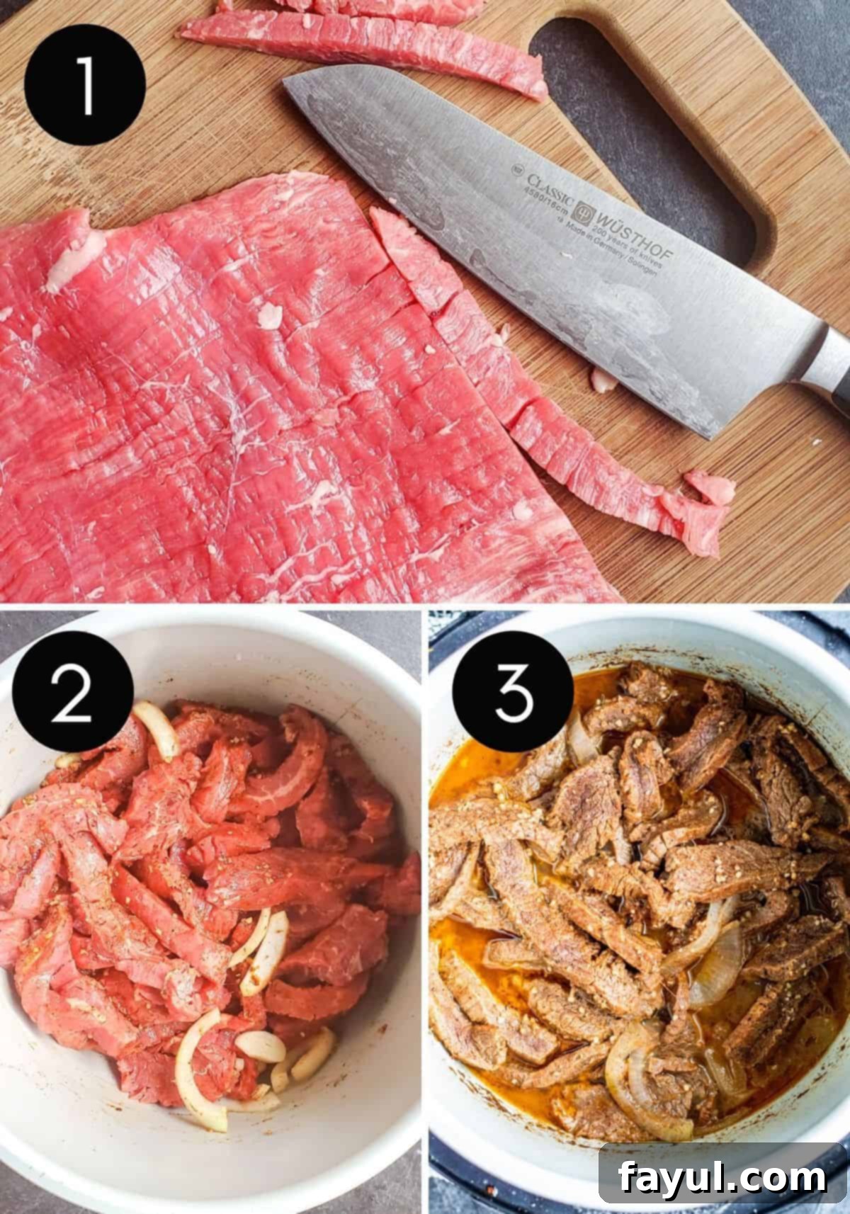 Three step-by-step prep images showing slicing steak, marinating, and pressure cooking for Instant Pot carne asada.