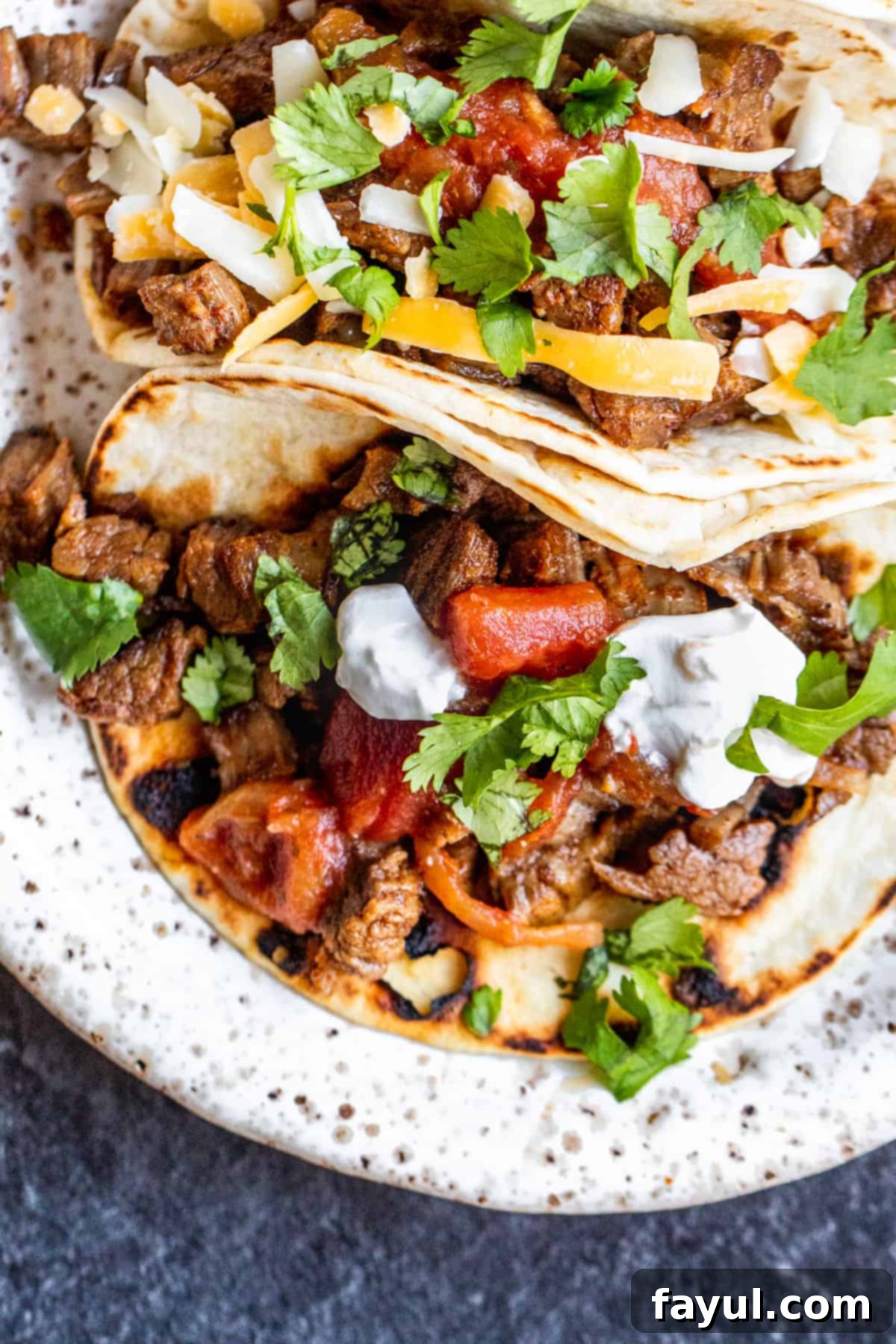 Close up overhead shot of a single steak taco on a white plate, garnished with cilantro.