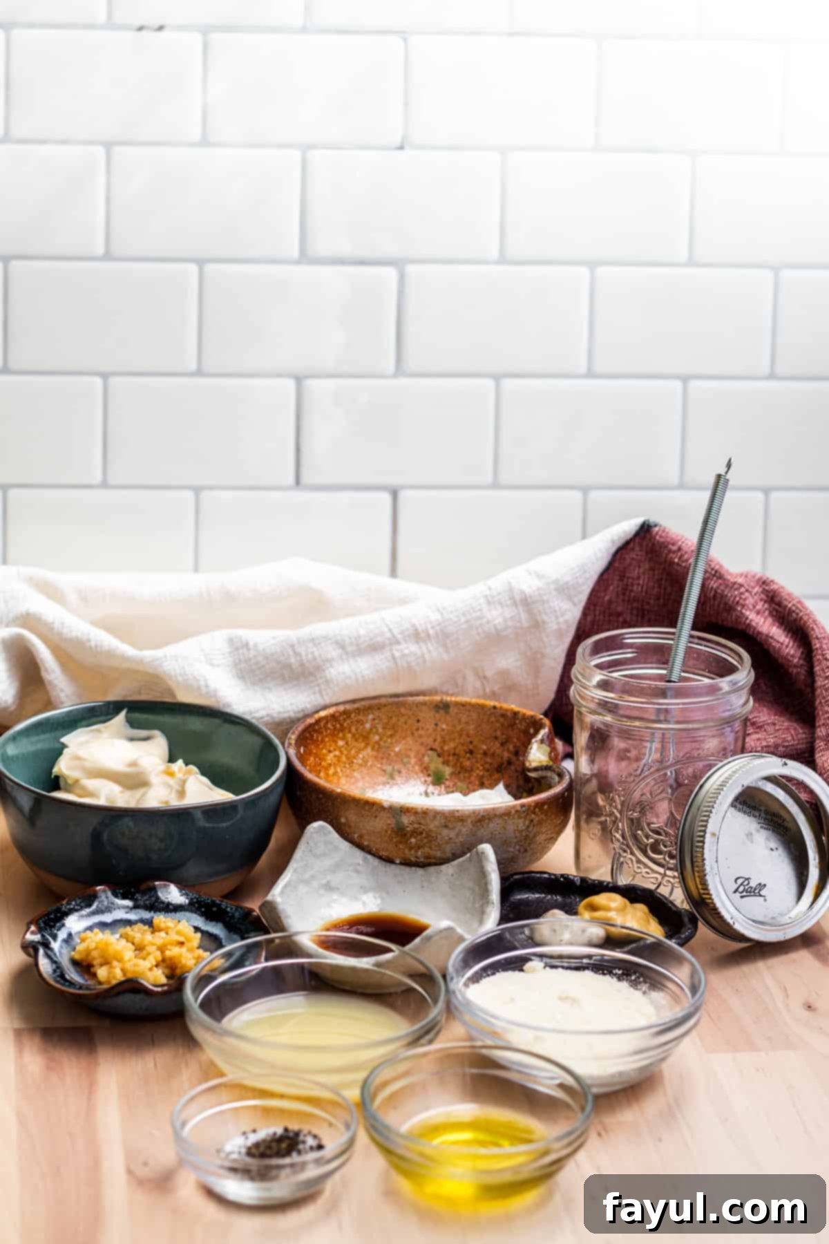 Dressing ingredients laid out on wooden table in small glass bowls.