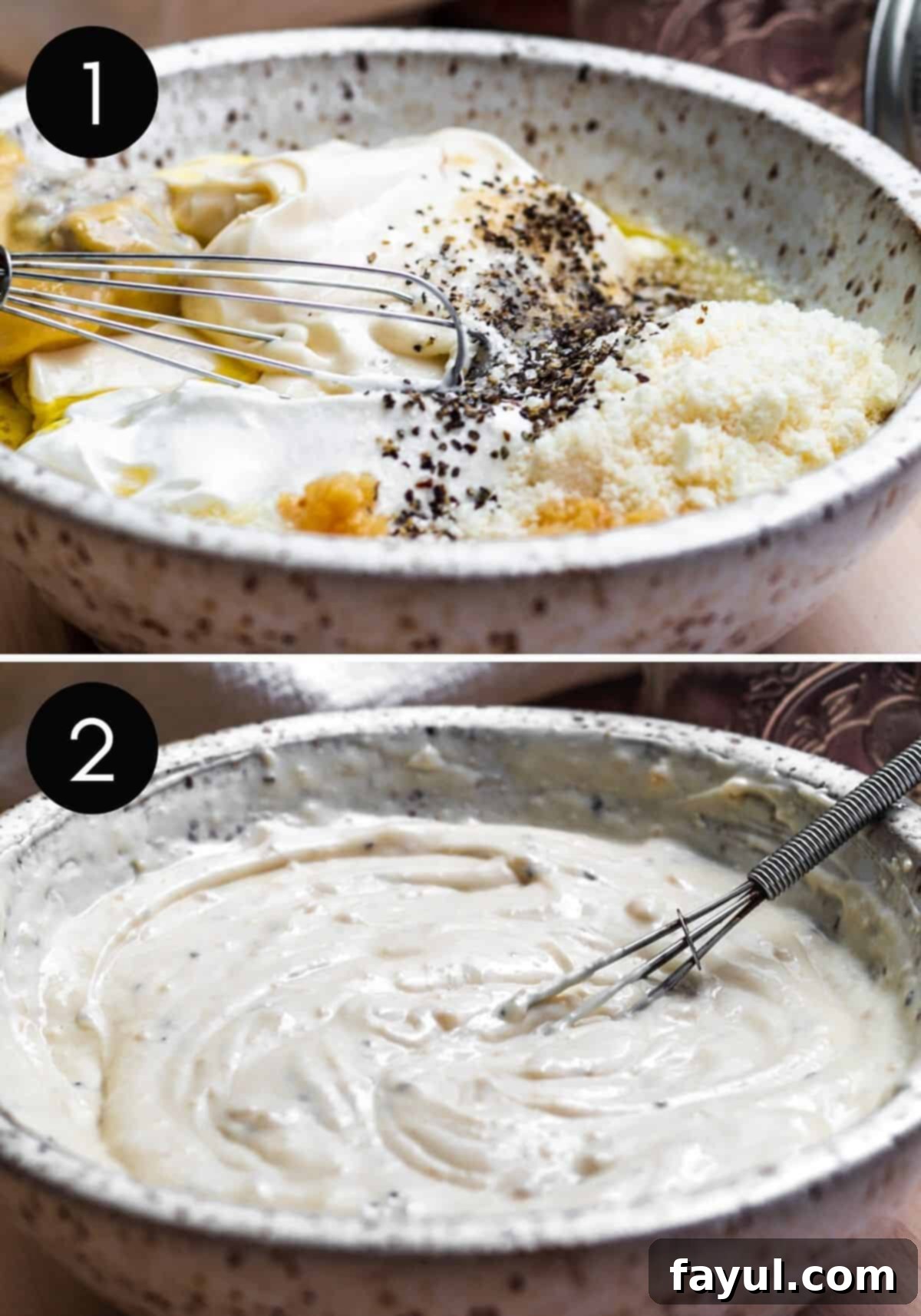 Prep image collage showing dressing being prepped and whisked in white bowl.